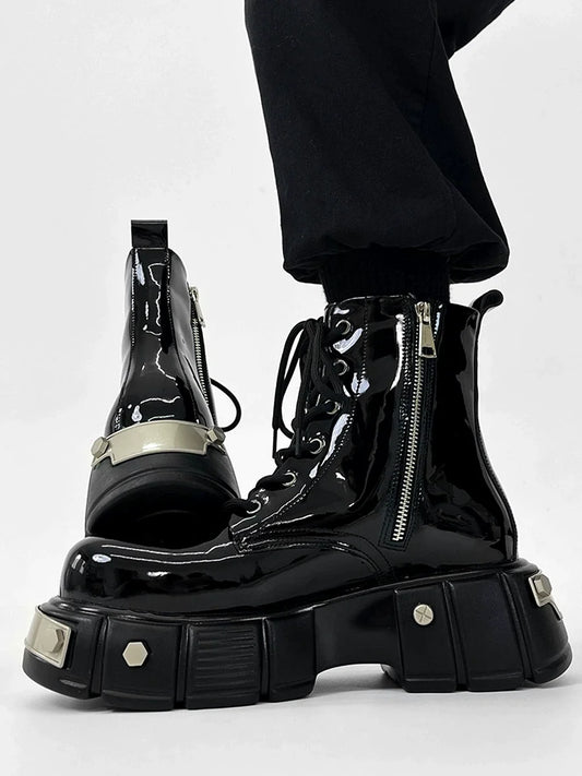 Chunky Sole Zipper Design High-Top Leather Boots