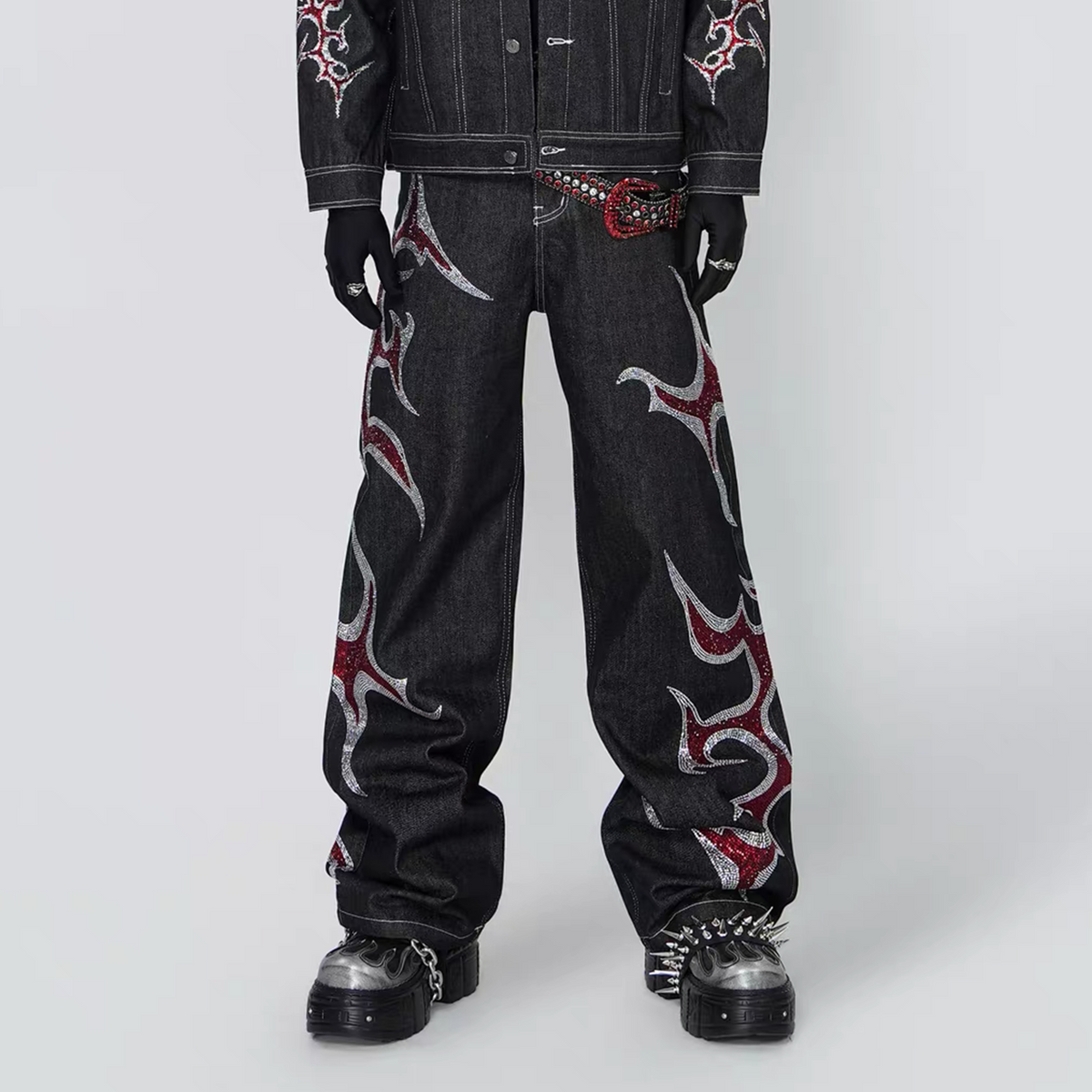 DND4DES Shredded Rivet-Paneled Baggy Jeans