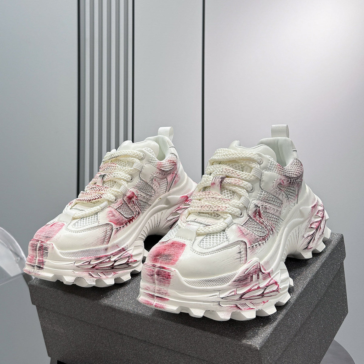 Paint Mesh Design Chunky Sole Sneakers