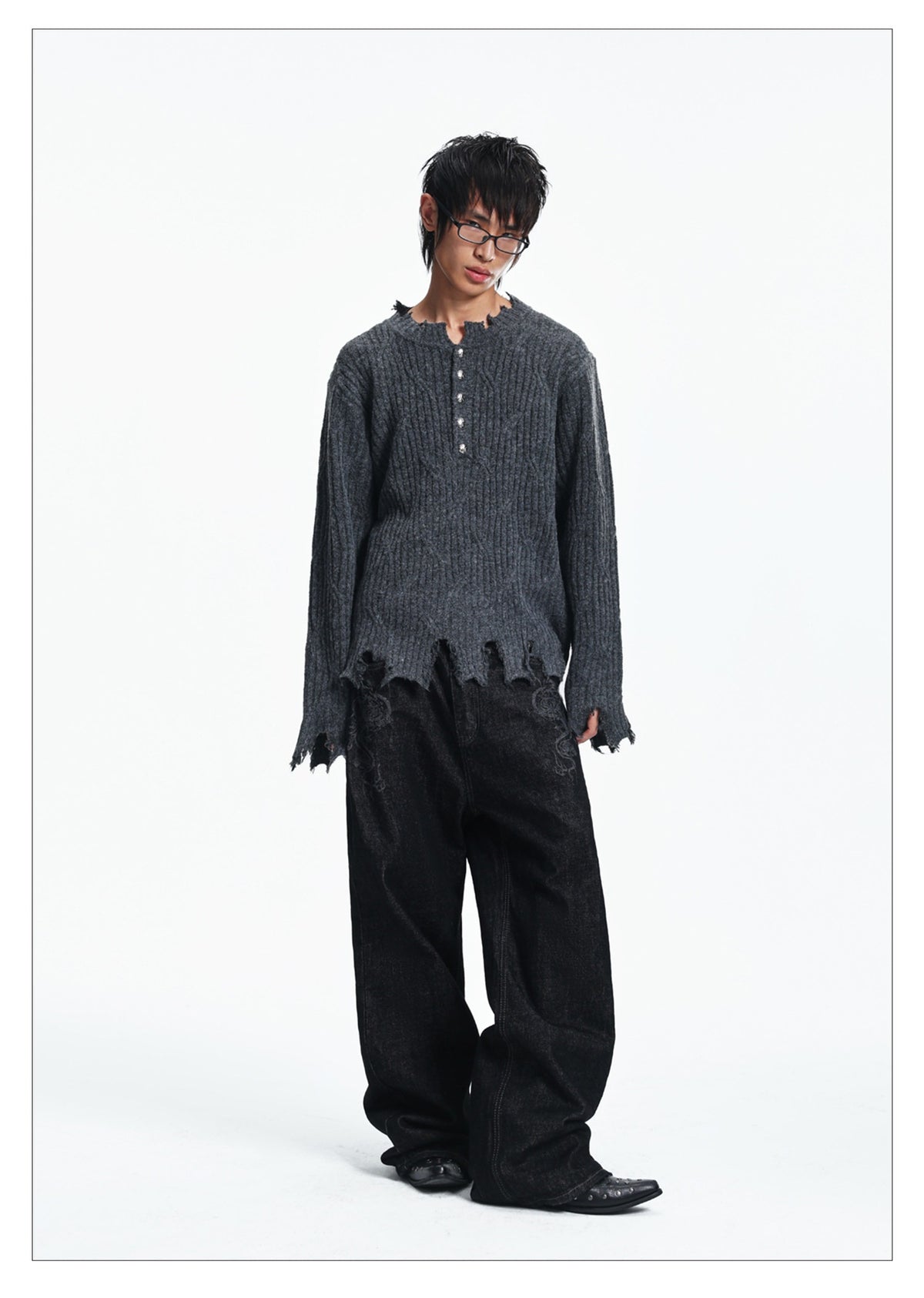 Button-down Crewneck Sweater Loose-fit Top