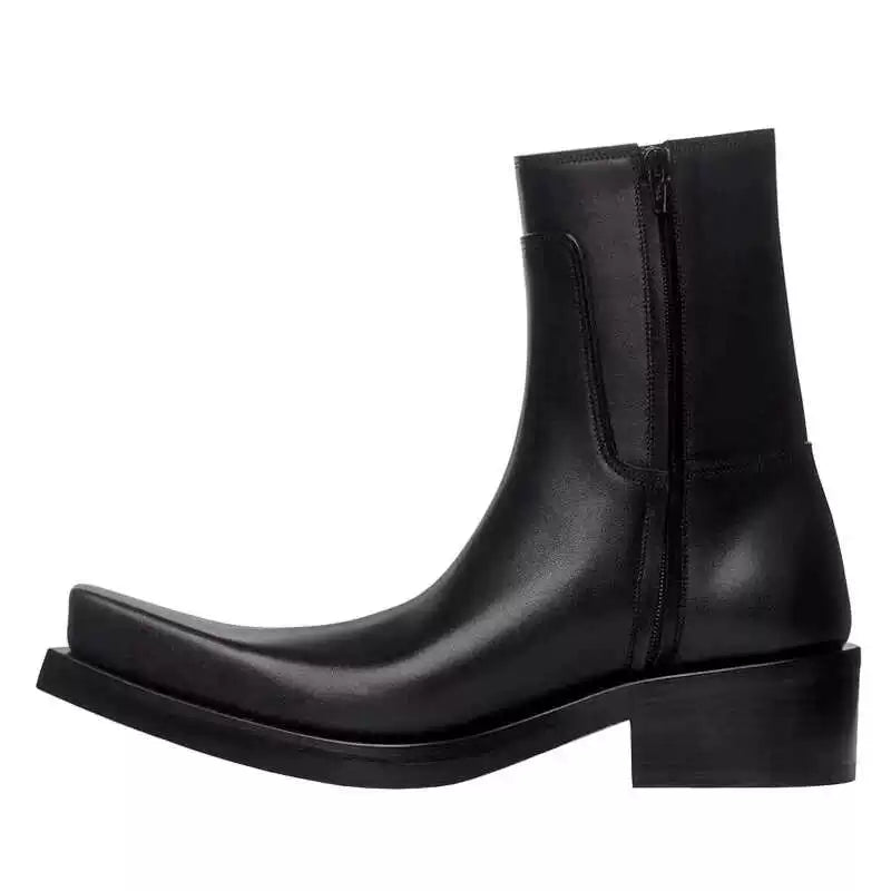 Square Toe Chunky Sole Leather Upturned Toe Chelsea Boots