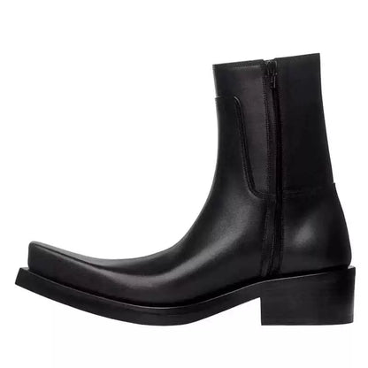 Square Toe Chunky Sole Leather Upturned Toe Chelsea Boots