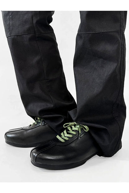 Black Split-Toe Derby Shoes with Green Laces