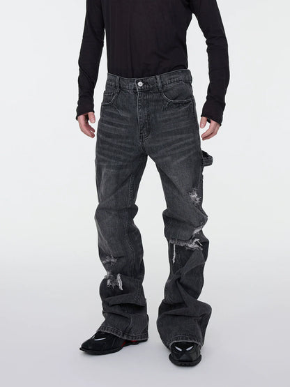 Whisker Rip Damage Stacked Flare Denim Jeans