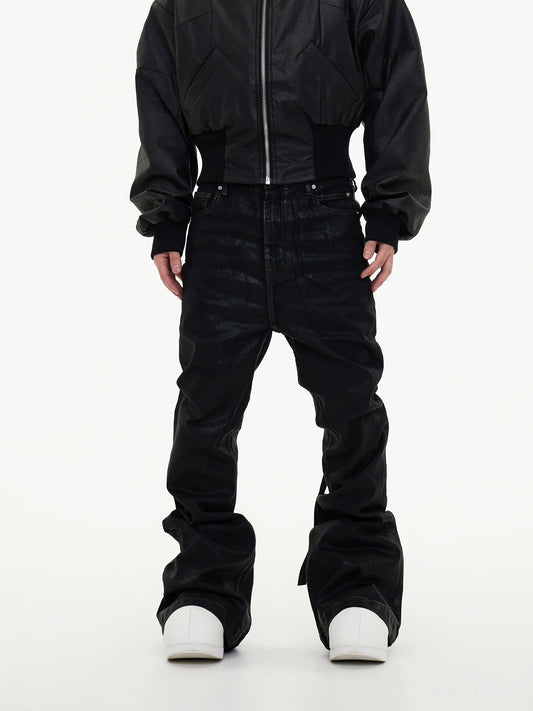 Waxed Coating Strap Detail Flare Denim Jeans