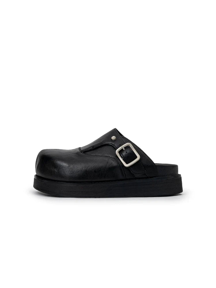 Onyx Buckle Platform Mules