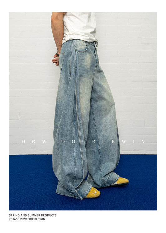 Adjustable-hem pleated jeans