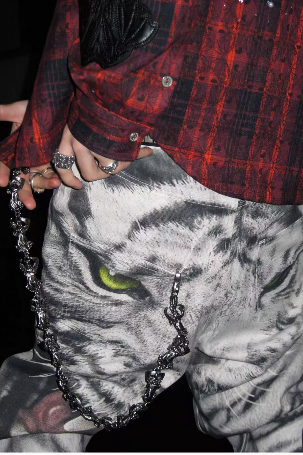 TECNINEGROUP Waxed White Tiger Full-Print Pants