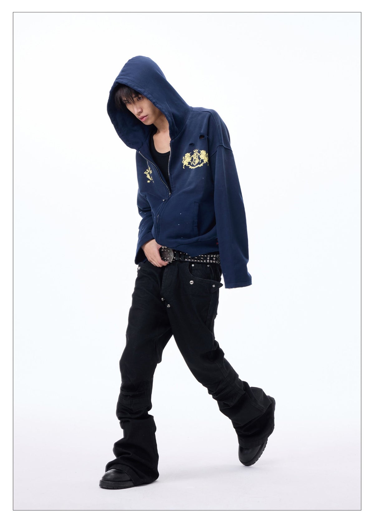 Washed Vintage Print Hoodie With Zipper
