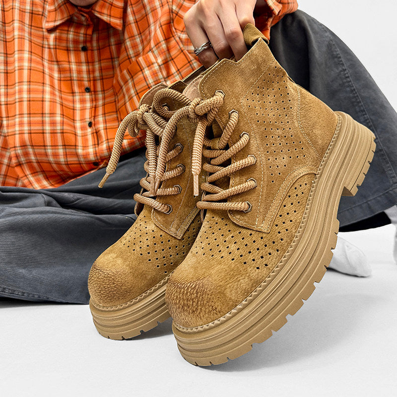 Suede Punching Lace Up Thick Sole Short Boots