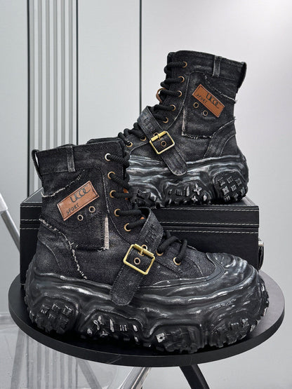 Denim Strap Buckle Platform Sneaker Boots WN24652