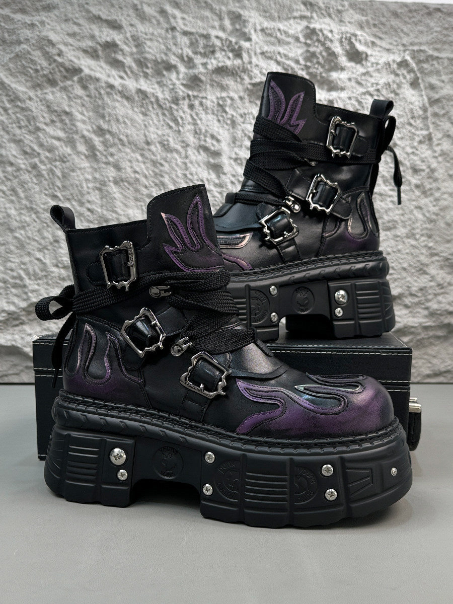 Flame Embroidery Strap Buckle Platform Short Boots