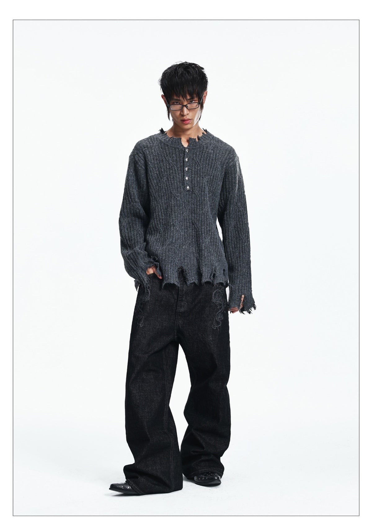 Button-down Crewneck Sweater Loose-fit Top