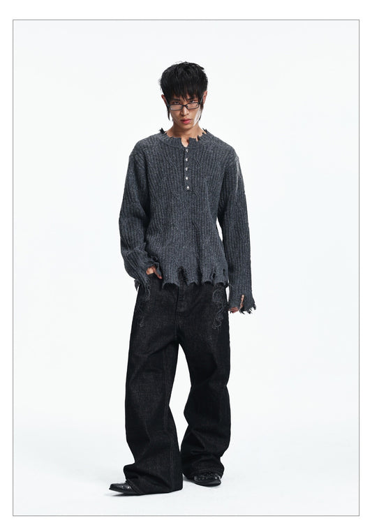 Button-down Crewneck Sweater Loose-fit Top