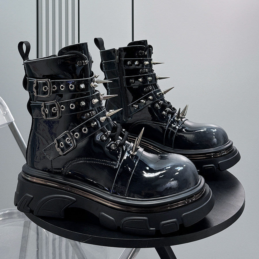Patent Strap Buckle Spike Platform Boots