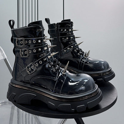 Patent Strap Buckle Spike Platform Boots