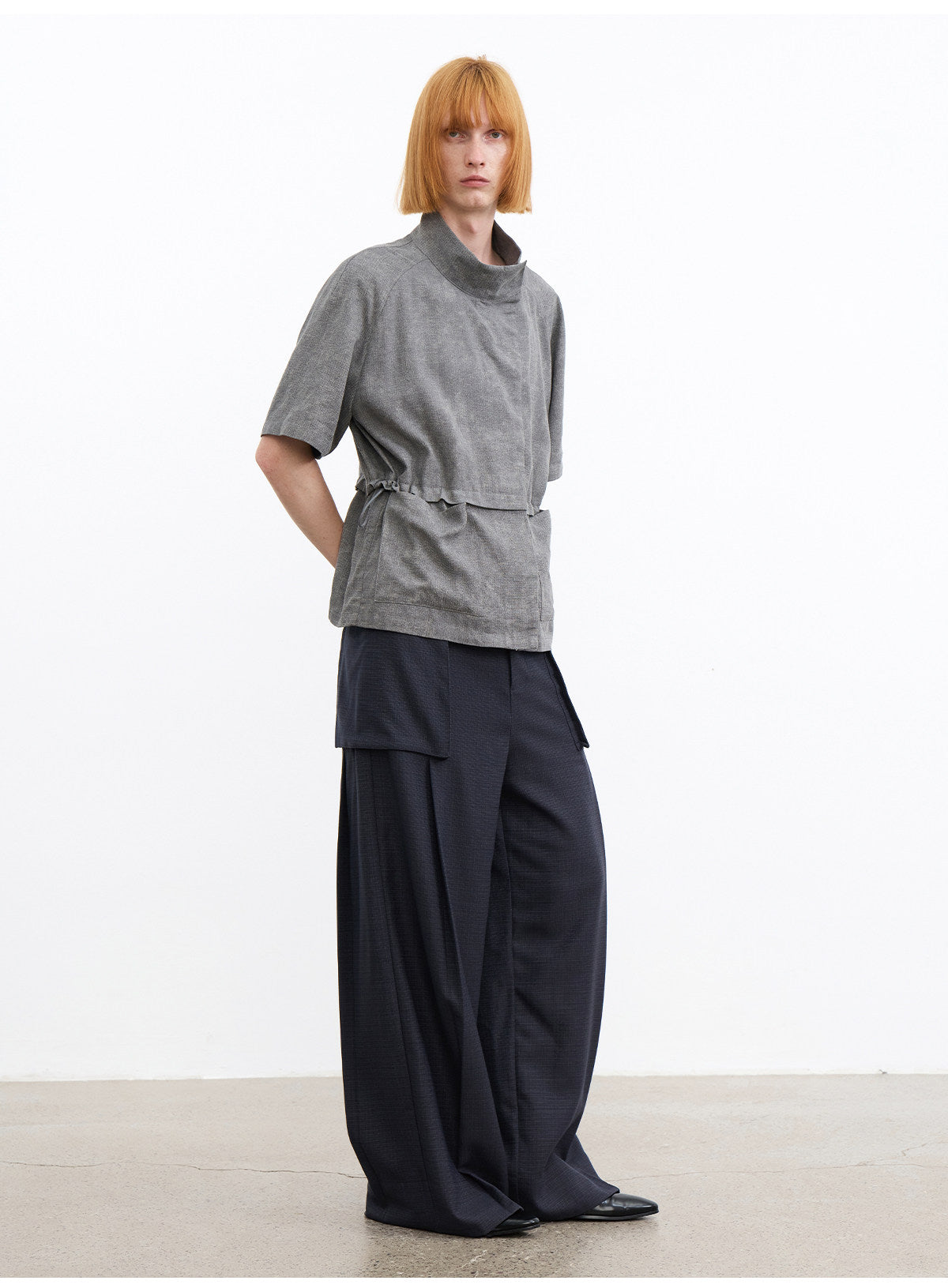 Shirt with a Slanted Collar and Fitted Waist