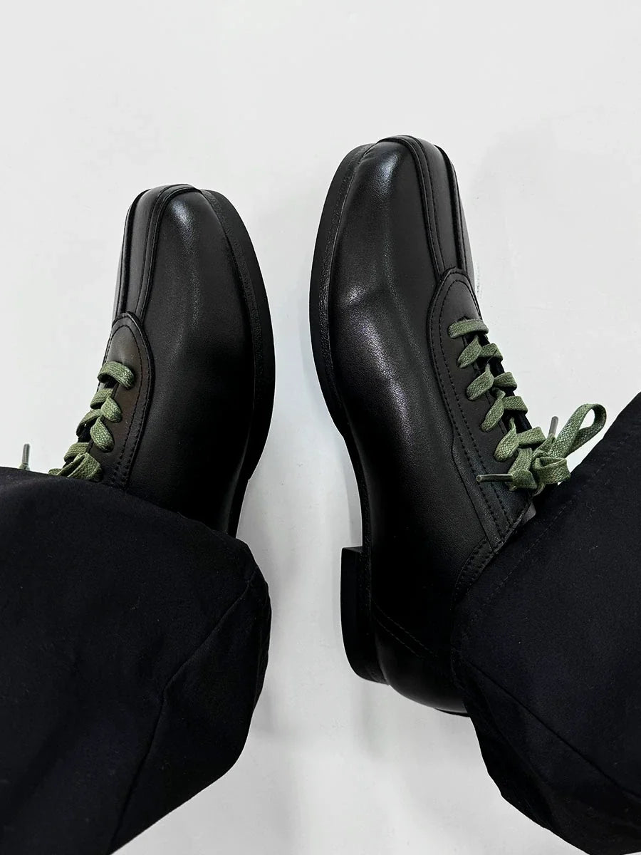Black Split-Toe Derby Shoes with Green Laces