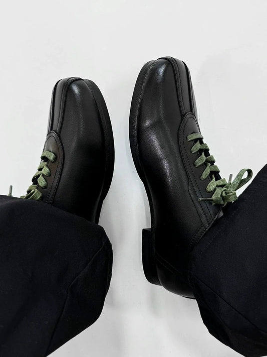 Black Split-Toe Derby Shoes with Green Laces
