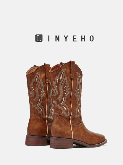 Embroidery Square-Toe Mid-Calf Boots