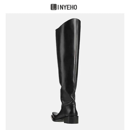 Over-the-Knee Chunky Sole Leather Riding Boots