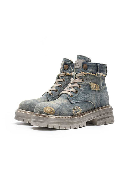 Denim Ripped Platform Boots with Ribbons