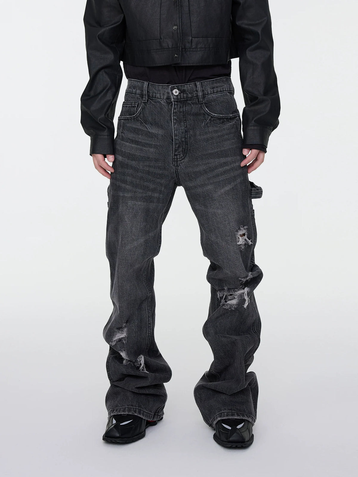 Whisker Rip Damage Stacked Flare Denim Jeans