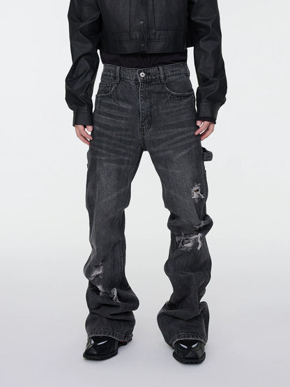 Whisker Rip Damage Stacked Flare Denim Jeans