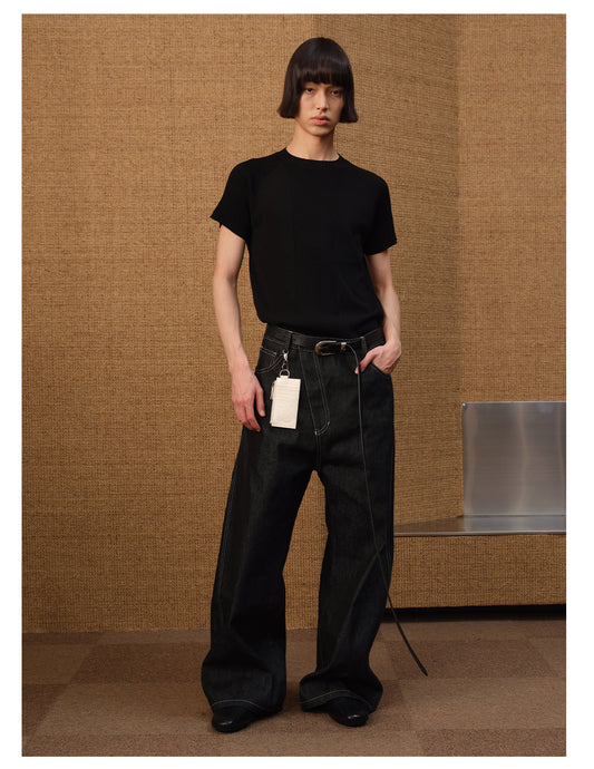 Diagonal placket denim pants