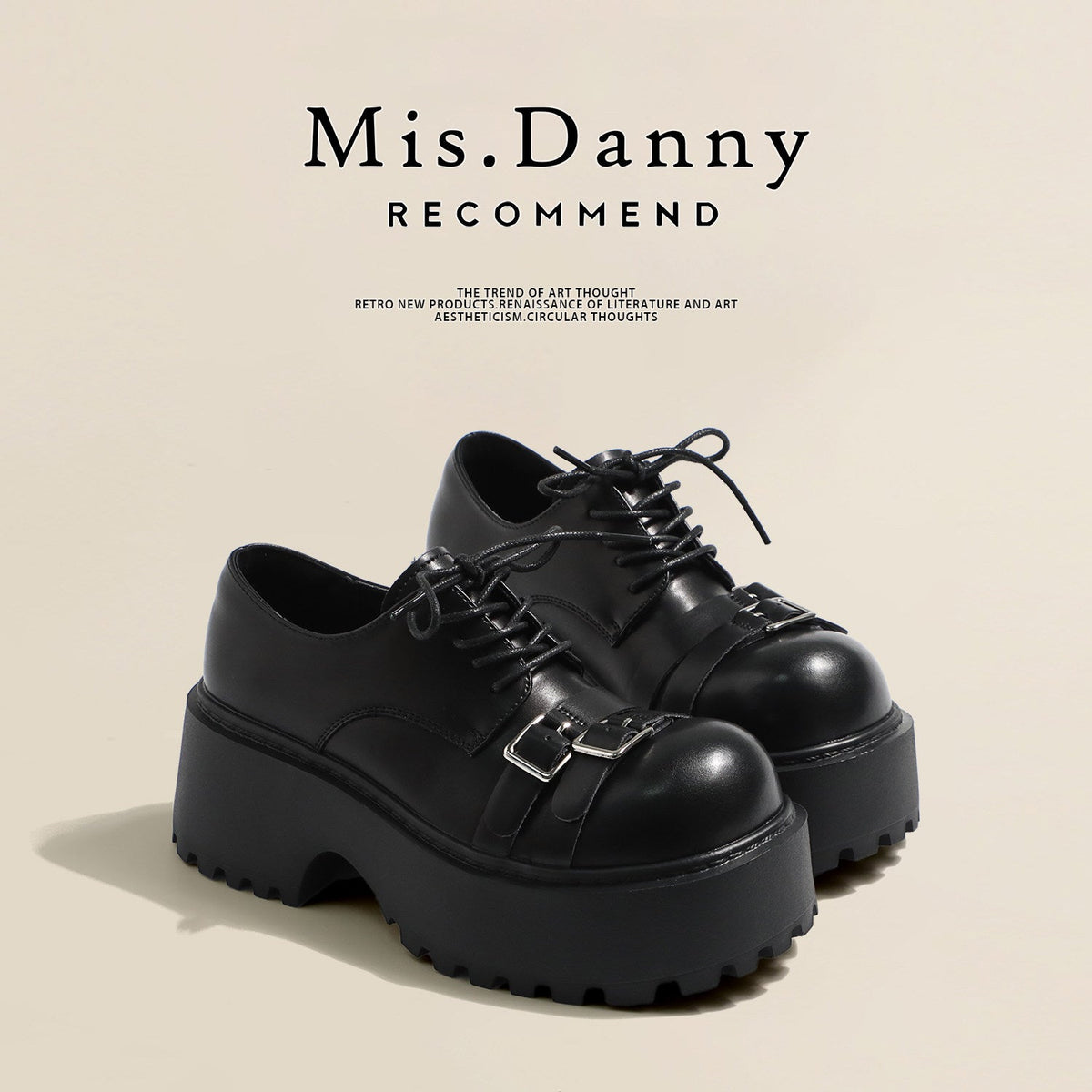 Metal Buckle Platform Round Toe Lace-Up Heeled Shoes