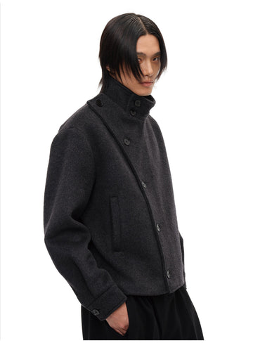 Collar-attached button-down wool jacket