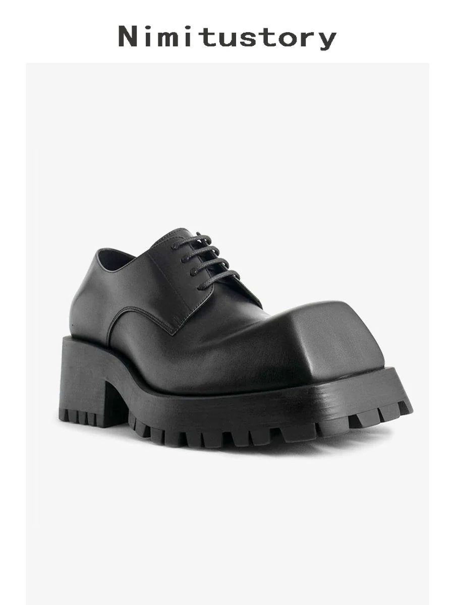 Upturned Toe Square Toe Chunky Sole Leather Derby Shoes