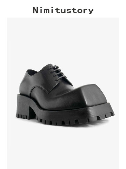 Upturned Toe Square Toe Chunky Sole Leather Derby Shoes
