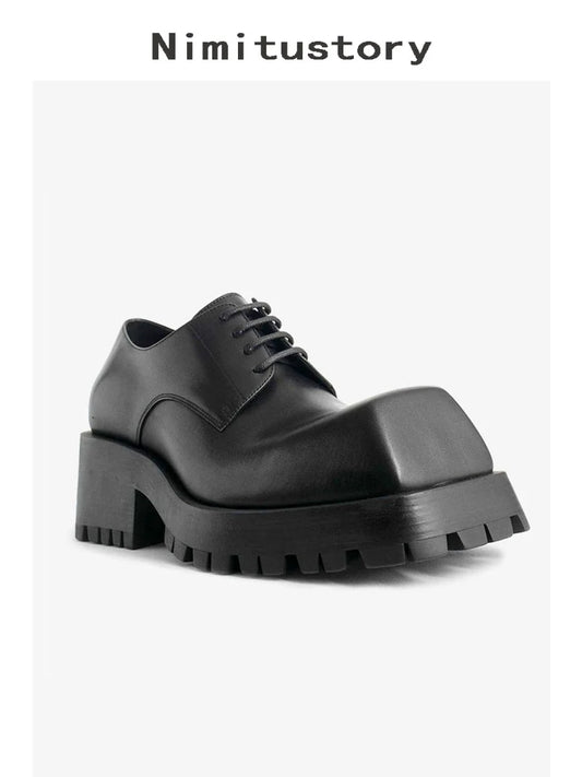 Upturned Toe Square Toe Chunky Sole Leather Derby Shoes