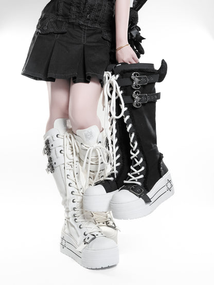 Satan Contract Canvas Platform Long Boots