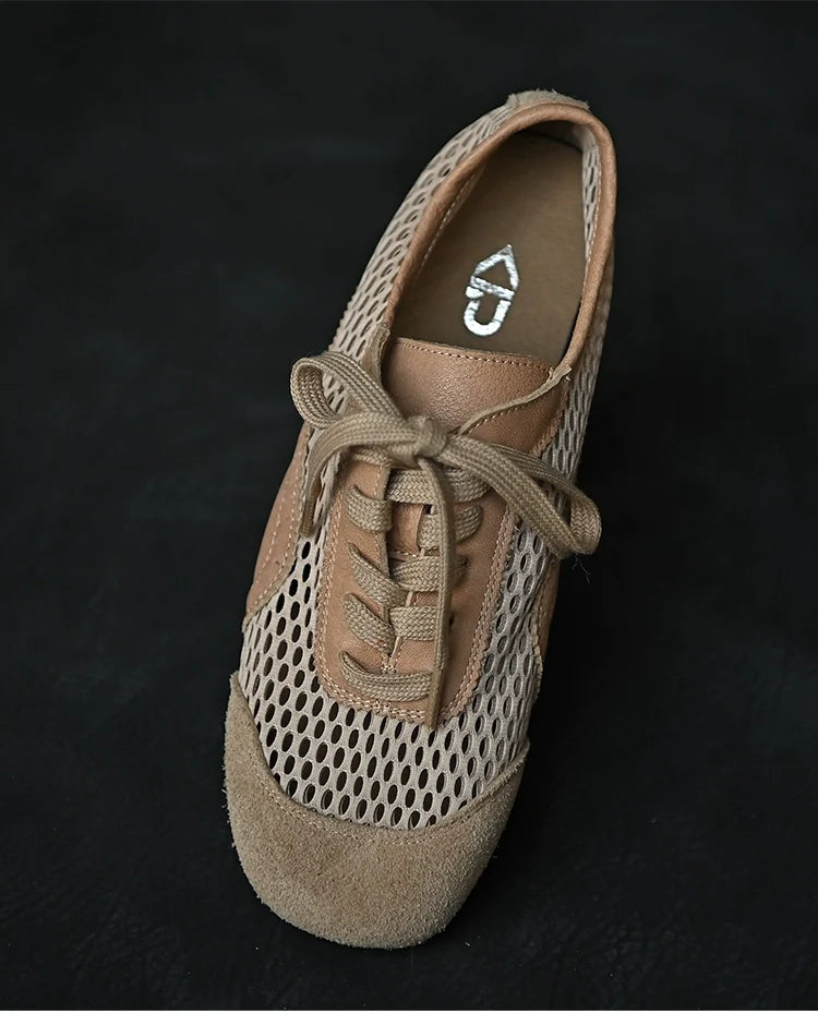 Beige Mesh Suede Lace-Up Sneakers