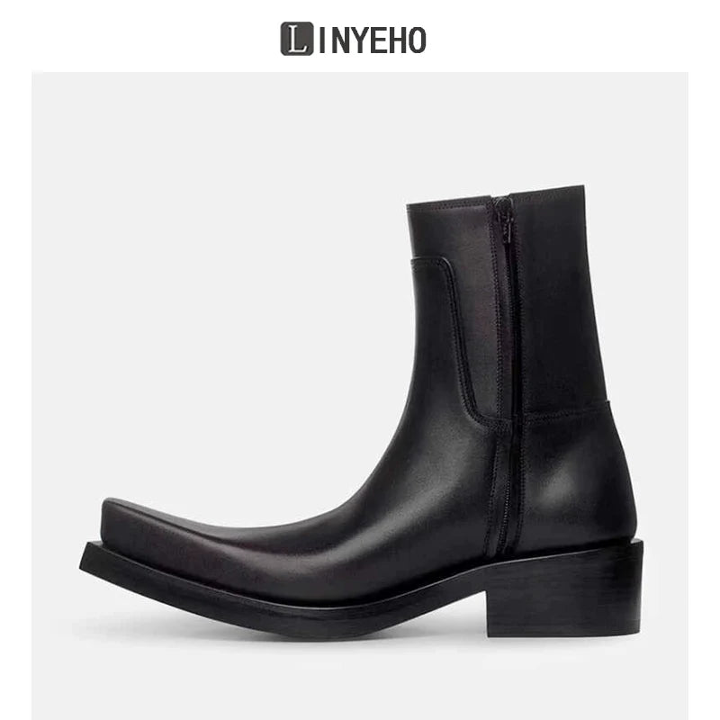 Square Toe Chunky Sole Leather Upturned Toe Chelsea Boots