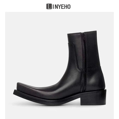 Square Toe Chunky Sole Leather Upturned Toe Chelsea Boots