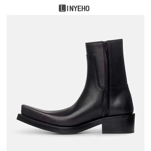 Square Toe Chunky Sole Leather Upturned Toe Chelsea Boots