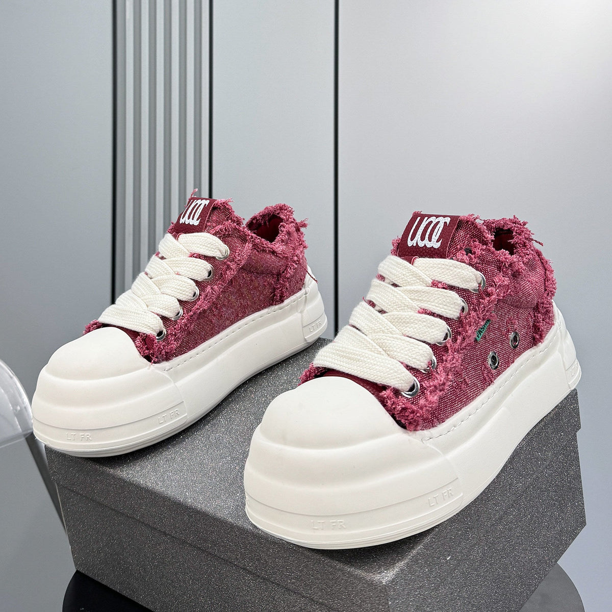 Chunky Platform Frayed Canvas Shell Toe Sneakers