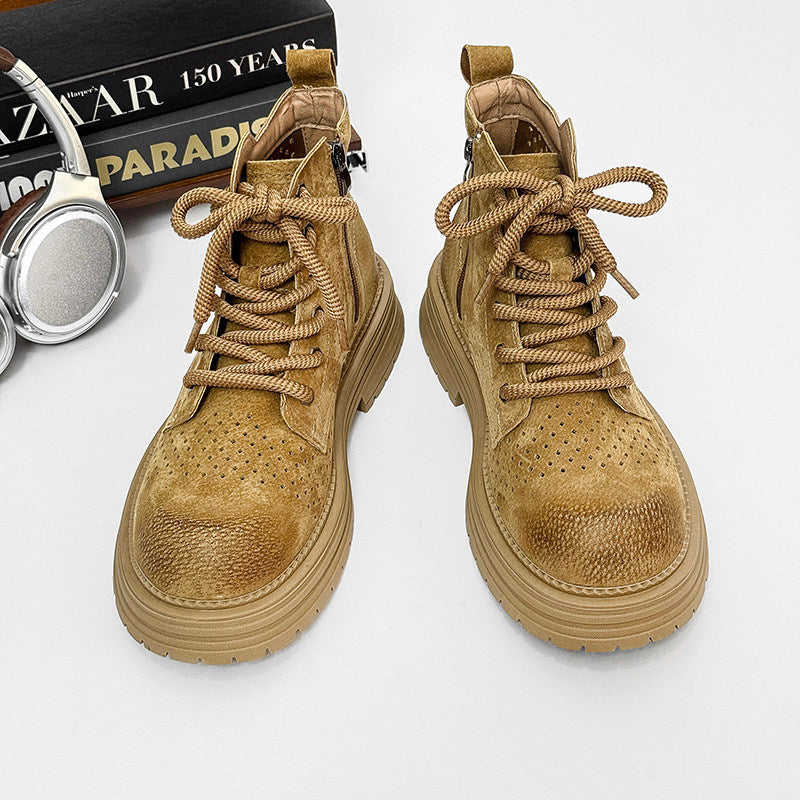 Suede Punching Lace Up Thick Sole Short Boots