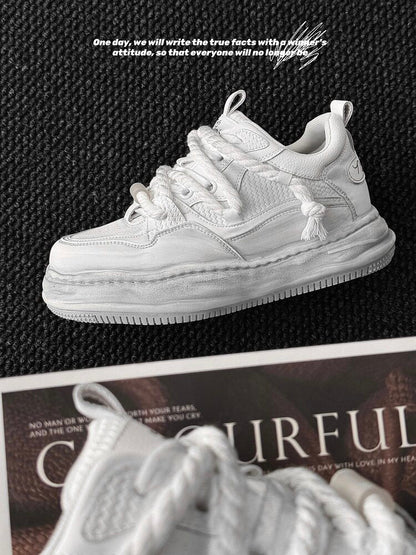 Ivory Distressed Chunky Lace-Up Sneakers