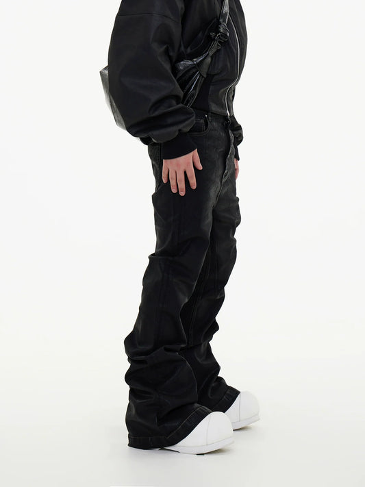 Waxed Coating Strap Detail Flare Denim Jeans