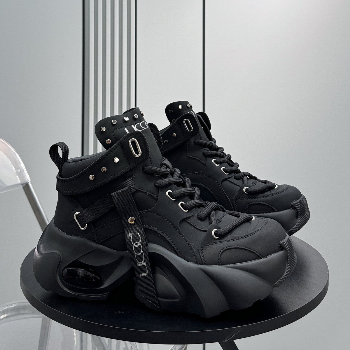 Studs Strap Buckle High-Top Chunky Sole Sneakers