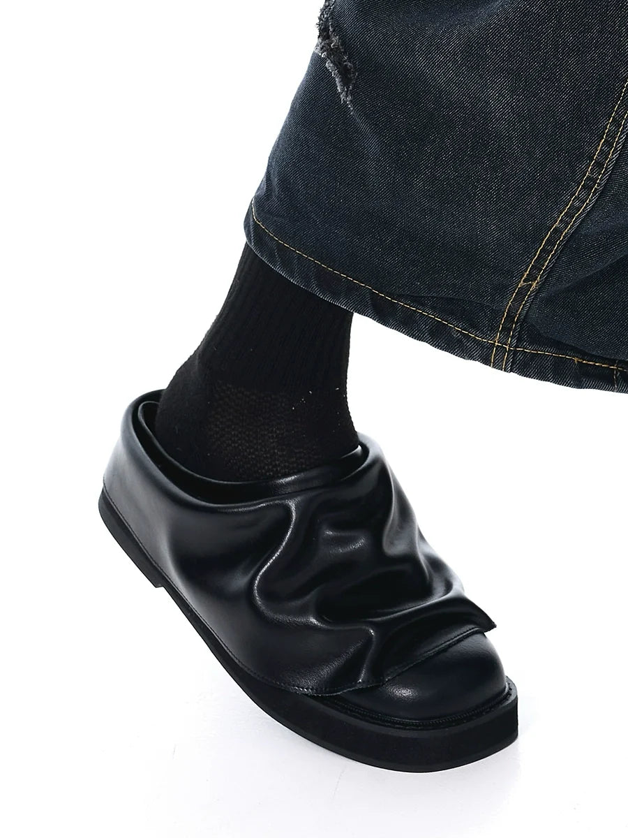 Wrinkled Chunky Sole Leather Mule Shoes