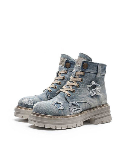 Denim Ripped Platform Boots with Ribbons