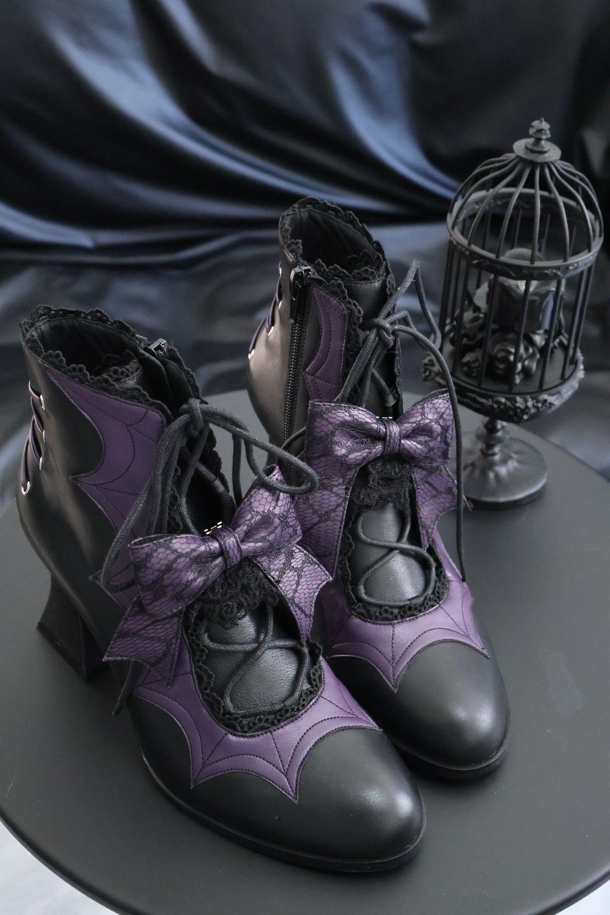 Lace Bow Purple Spider Web Ankle Boots