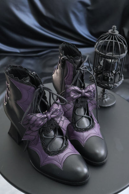 Lace Bow Purple Spider Web Ankle Boots
