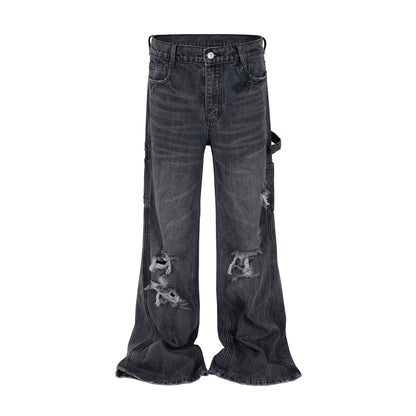 Whisker Rip Damage Stacked Flare Denim Jeans