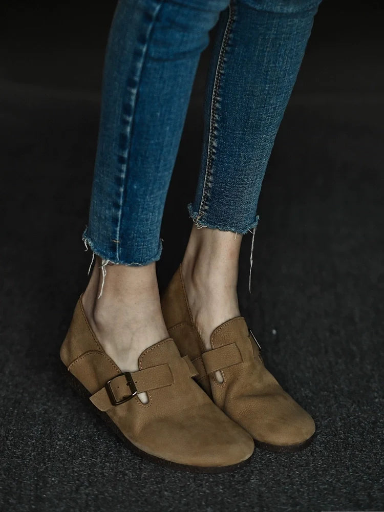 Tan Buckle Leather Loafers